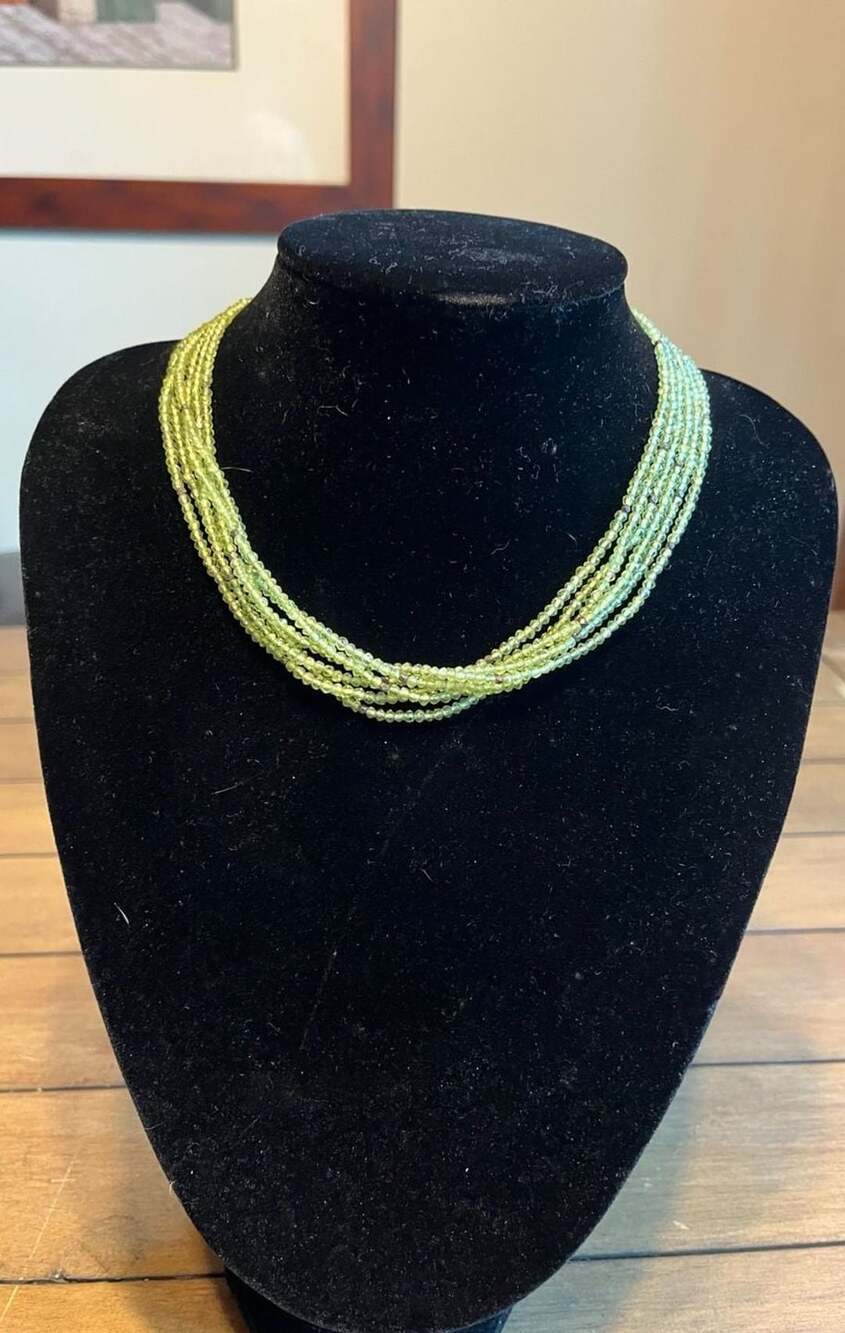 Multi-Strand Faceted Peridot Bead Choker Necklace with T-Bar Clasp